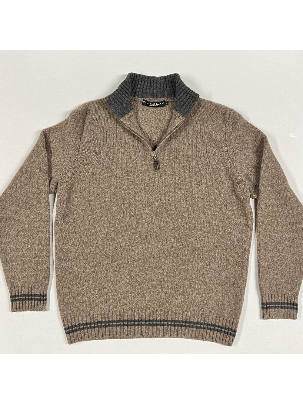 Daniele Blasi Men's Brown Taupe Wool Blend 1/4 Zip Sweater Sz L Italy Stipe Bott